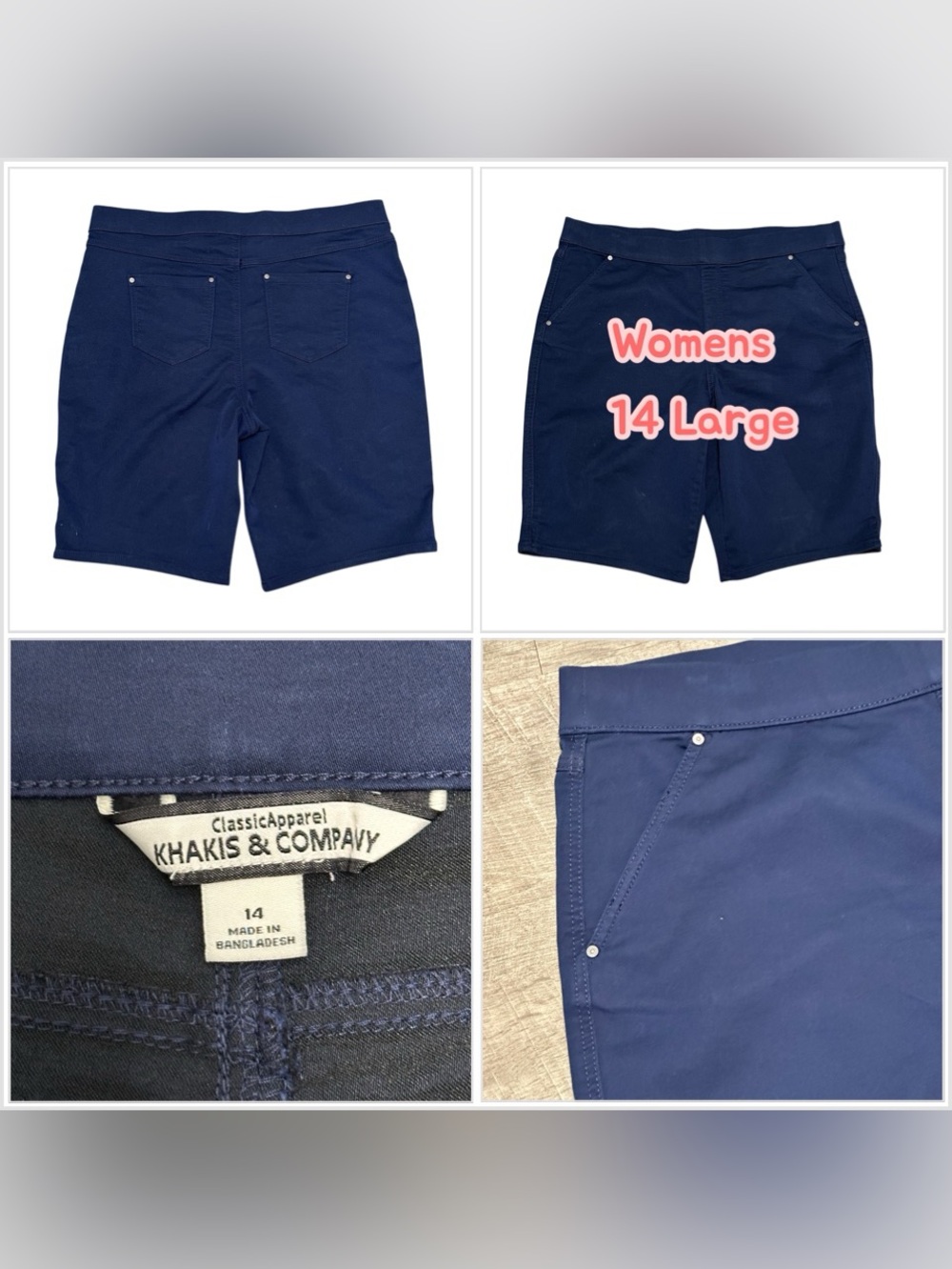 Womens Khakis & Company 14 Shorts Navy Blue Elastic Waistband Pockets Pull On